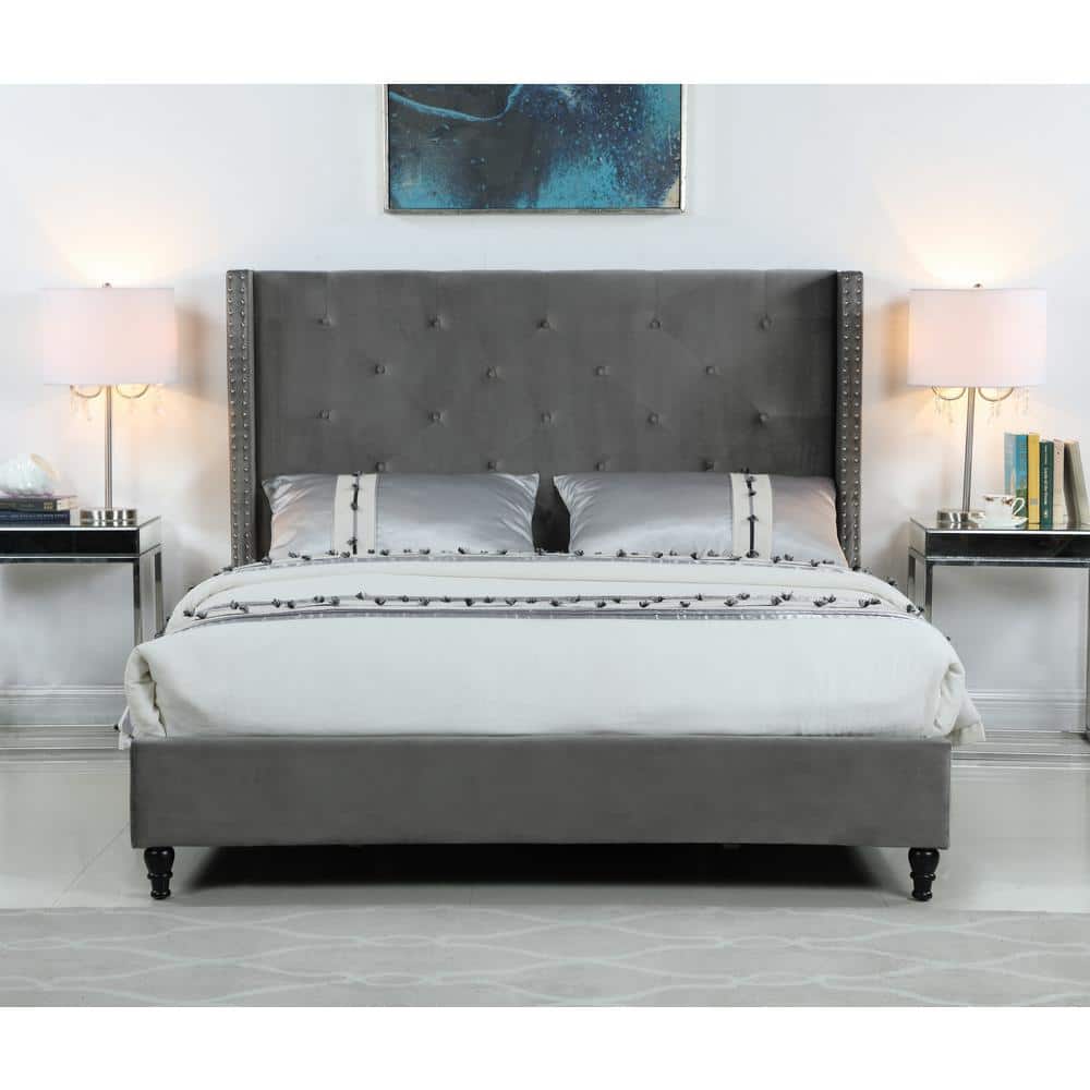 King Blue Velvet Upholstered Tufted Wingback Bed with Nailhead Trim