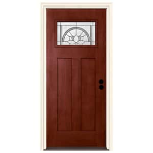 36 in. x 80 in. Left-Hand 1-Lite Craftsman Ardsley Black Cherry Stained Fiberglass Prehung Front Door with Brickmould