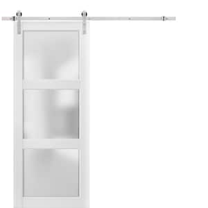 2552 18 in. x 80 in. 3 lite Frosted Glass White Finished Pine Wood Sliding Barn Door with Hardware Kit