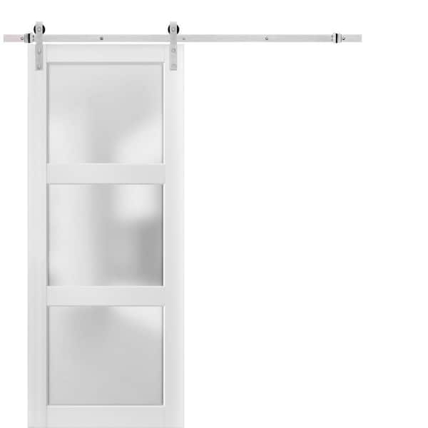 Sartodoors 2552 18 in. x 80 in. 3 lite Frosted Glass White Finished Pine Wood Sliding Barn Door with Hardware Kit