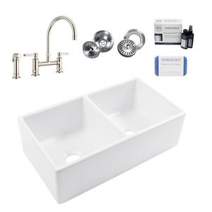 Bradstreet II 33 in. Farmhouse Apron Front Undermount Double Bowl White Fireclay Kitchen Sink with Nickel Faucet Kit