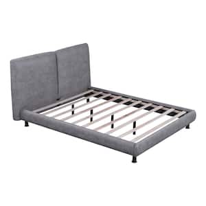 Gray Wood Frame Queen Polyester Upholstered Platform Bed with 2-Large Headrests, Mattress Embedded Design, Support Legs