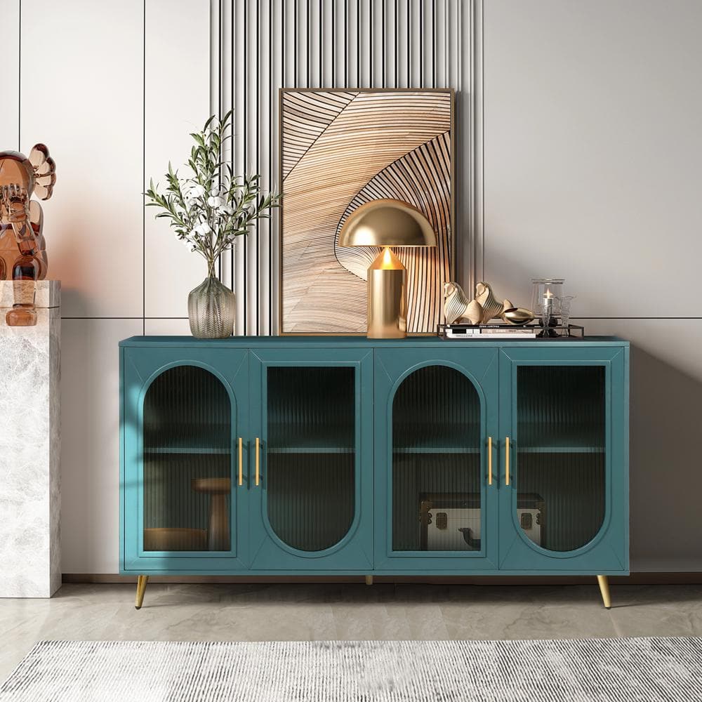 60 in. Wood Pantry Antique Blue Organizer with Storage Cabinet and Adjustab