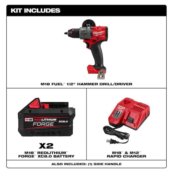 M18 FUEL 18V Lithium-Ion Brushless Cordless 1/2 in. Hammer Drill/Driver w/ (2) FORGE 8.0 Ah Batteries & Charger