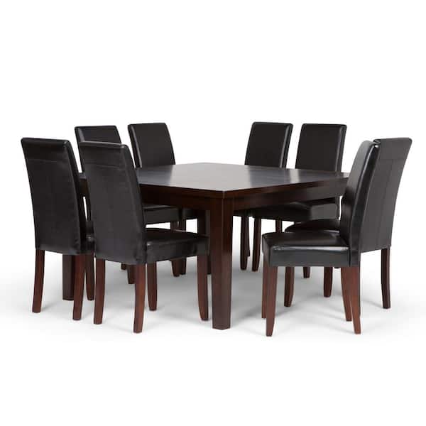 Simpli Home Acadian Transitional 9-Piece Dining Set with 8 Upholstered Parson Chair in Midnight Black Faux Leather and 54 in.W Table
