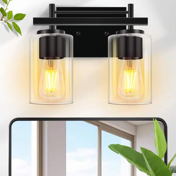 GMGSROM 10.43 in. 2-Light Matte Black Modern Vanity Light with Clear Glass Shade
