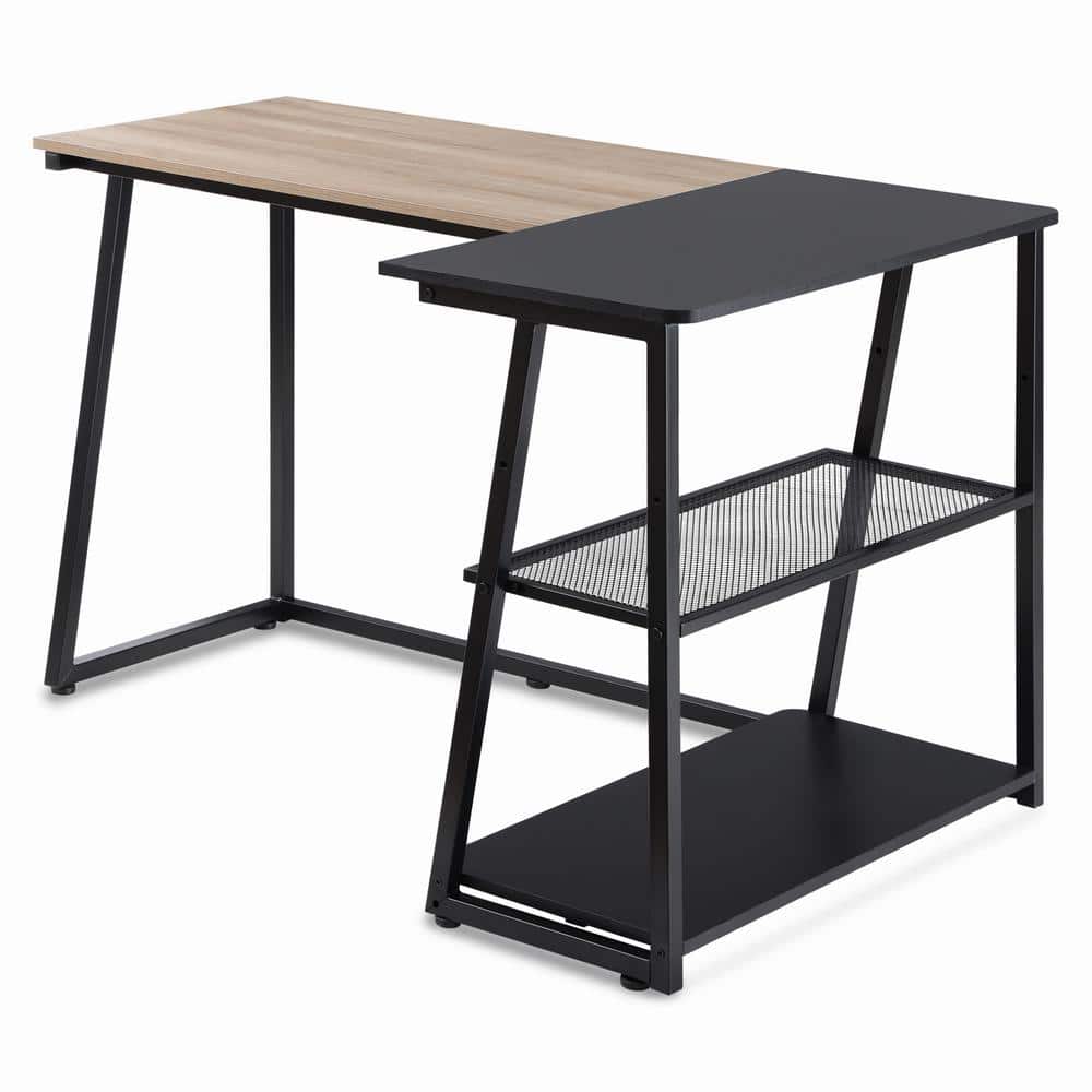 HOMOOI Computer Desk Wood Oak and Black with Storage L-Shaped Writing Table Workstation for Home Office 125x80x75cm LCD112001WA 