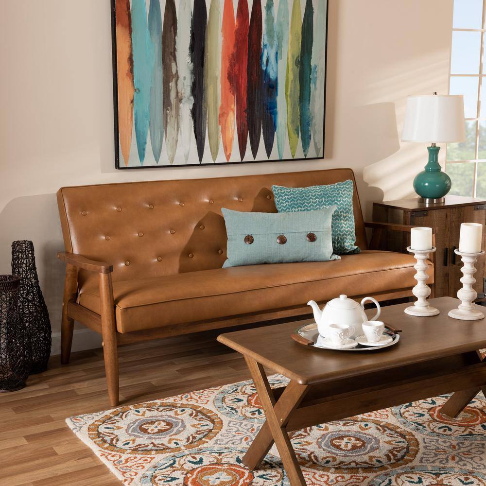 Mid-Century Walnut Brown Tufted Faux Leather Sofa