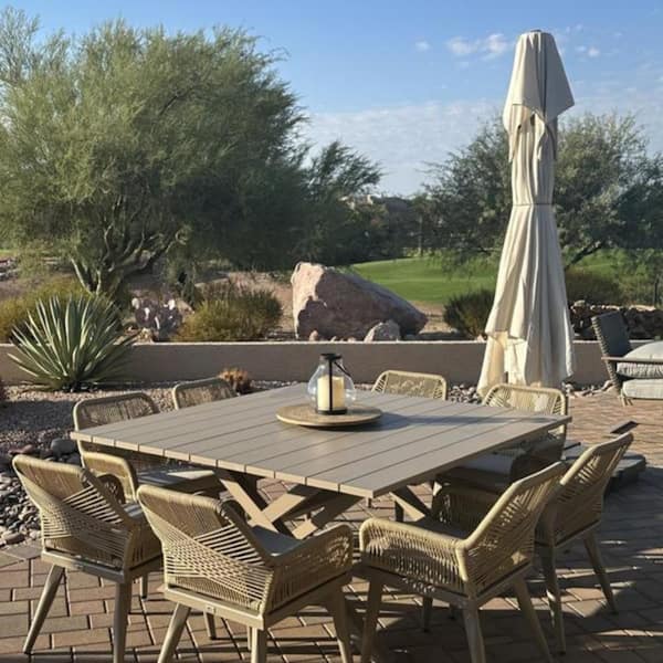 PURPLE LEAF 9-Piece Aluminum All-Weather PE Rattan Square Outdoor Dining Set with Cushion, Champagne