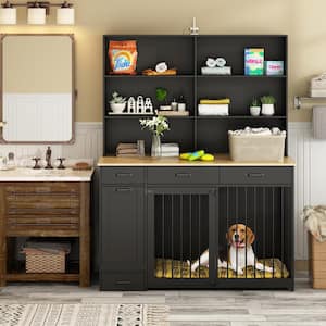Large Wooden Heavy Duty Dog Crate Storage Cabinet, Dog House Kennel with Shelf and 3 Drawers and Drawer Dog Bowl, Black