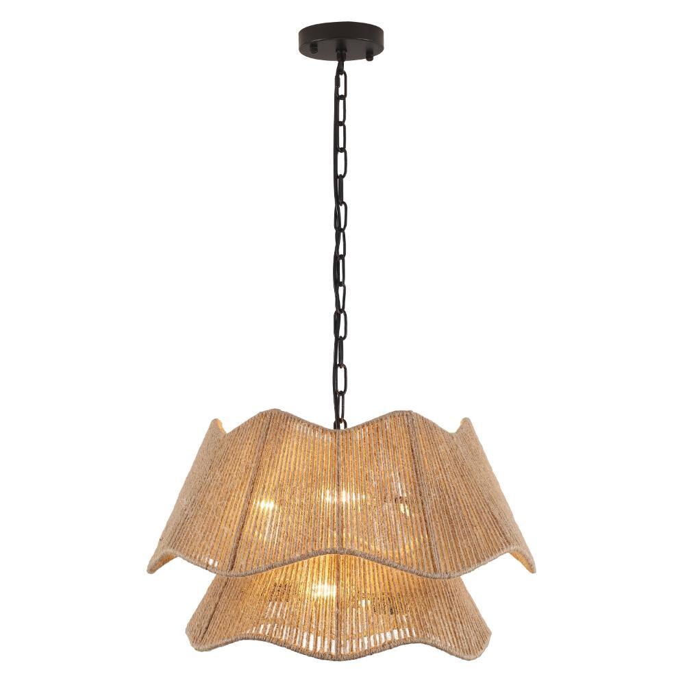 Bohemian 20 in. 5-Light Matte Black Natural Ripple Woven Rope Chandelier for Dining Room, Living Room price history on PriceWatchPro