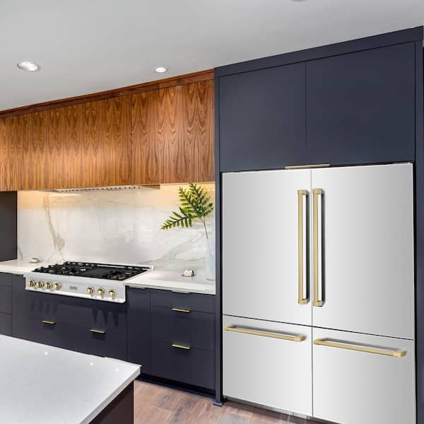 black refrigerator with gold handles