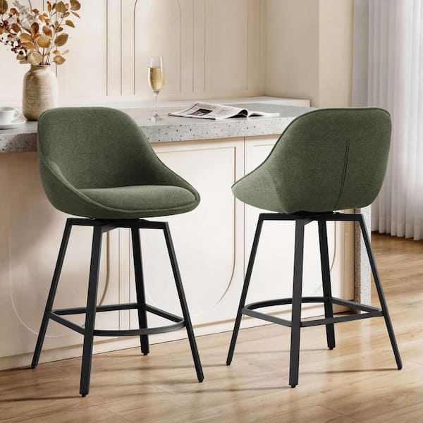 Fara 36.8 in. Green Metal Frame Fabric Counter Height Bar Stool with Footrest for Dining Room (Set of 2)