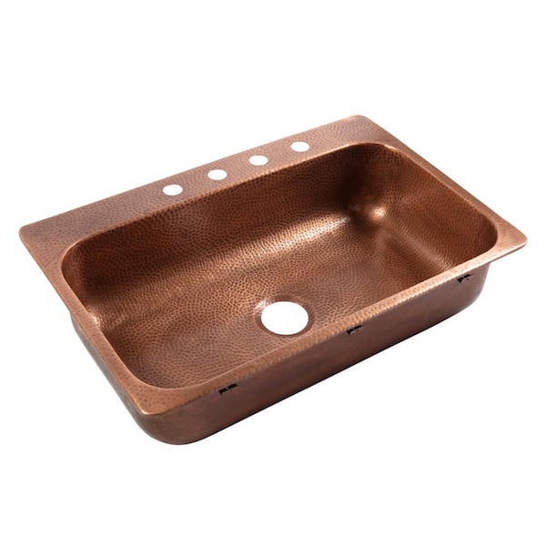 SINKOLOGY Angelico 33 in. 4-Hole Drop-In Single Bowl 17 Gauge Antique Copper Kitchen Sink