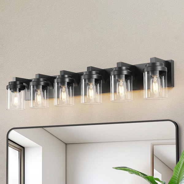 38 in. 6-Light Matte Black Bathroom Vanity Light w/ Clear Glass Shades Classic Wall Sconce for Damp Location (No Bulbs)