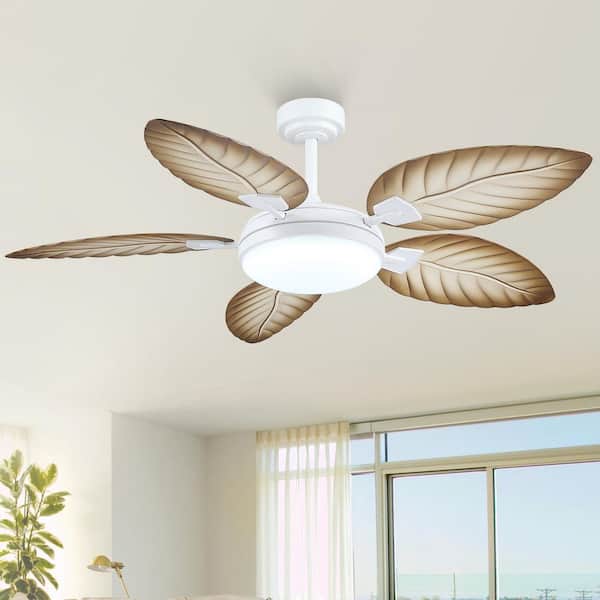 52 in. Indoor/Outdoor White/Brown Tropical Downrod Ceiling Fan with Dimmable 3 Color LED Light and Remote/APP Control
