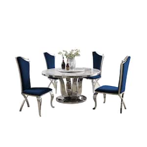 Gina 6-Piece Round Marble Top With Lazy Susan And Stainless Steel Base Table Set With 4 Long Back Navy Blue Chairs