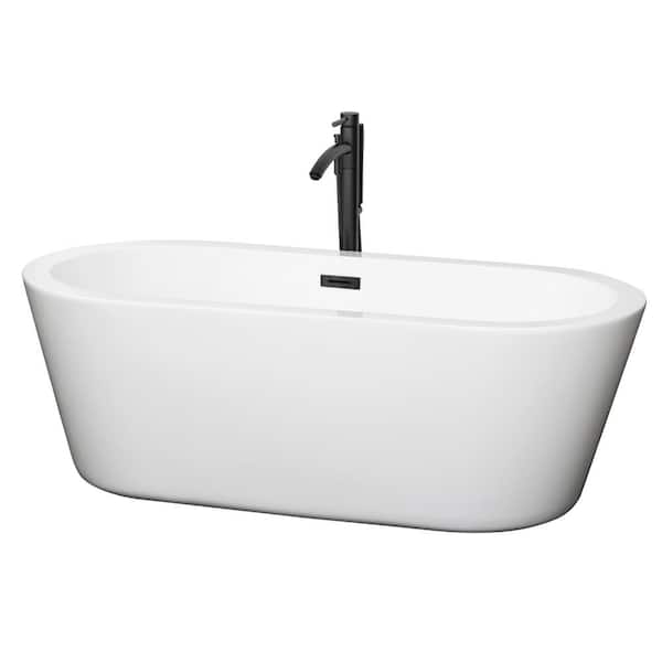 Wyndham Collection Mermaid 67 in. Acrylic Flatbottom Bathtub in White with Matte Black Trim and Faucet