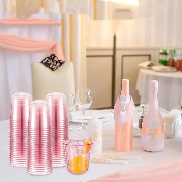 12 oz. Disposable Stemless Glasses, Pink Crystal Plastic Wine Glasses for Christmas Party, Weddings (Set of 50)