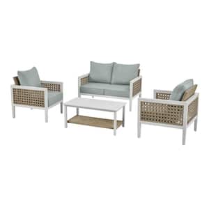 Ashbury Hill 4-Piece Aluminum Wicker Outdoor Conversation Set with Slat Top Coffee Table and Aqua Cushions