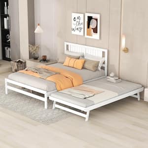 Modern White Wood Frame Full Size Platform Bed with Adjustable Twin Size Trundle