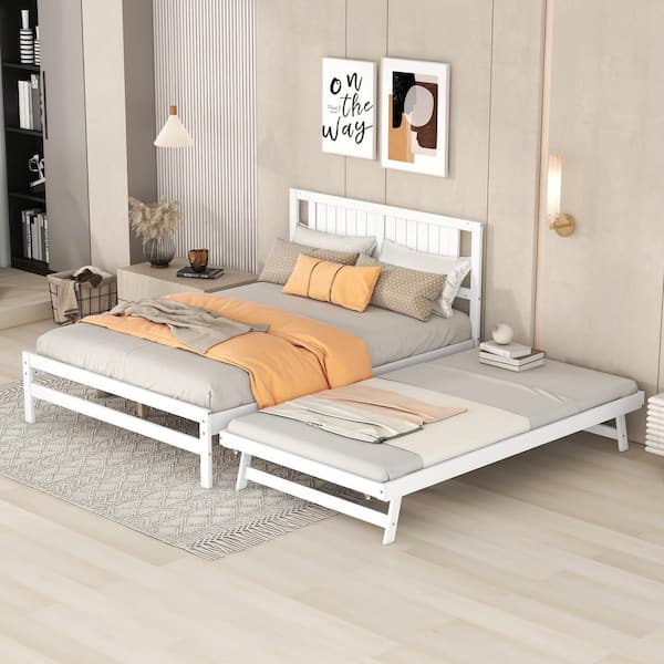Harper & Bright Designs Modern White Wood Frame Full Size Platform Bed with Adjustable Twin Size Trundle