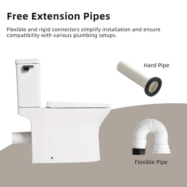 16.5 in. Rear Outlet Toilet White 2-Piece Elongated Bowl 1.28 GPF Single Flush and P-Trap 7 in. Rough-In Extension Pipes