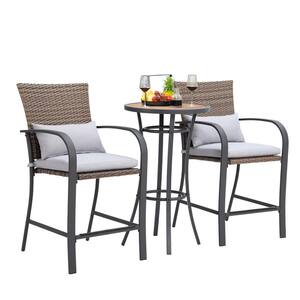 Brown 3-Piece Wicker Rattan Bar Height Outdoor Bistro Set with Gray Cushion (Box 1 of 2)