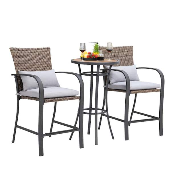 Unbranded Brown 3-Piece Wicker Rattan Bar Height Outdoor Bistro Set with Gray Cushion (Box 1 of 2)