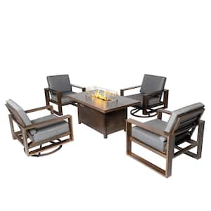 5-Piece Aluminum Patio Conversation Set with Gray Cushions and 55.12 in. Fire Pit Table - 2 Swivel plus 2 Armchair