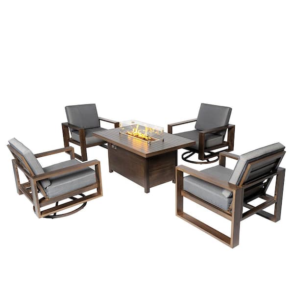 PATIOPTION 5-Piece Aluminum Patio Conversation Set with Gray Cushions and 55.12 in. Fire Pit Table - 2 Swivel plus 2 Armchair