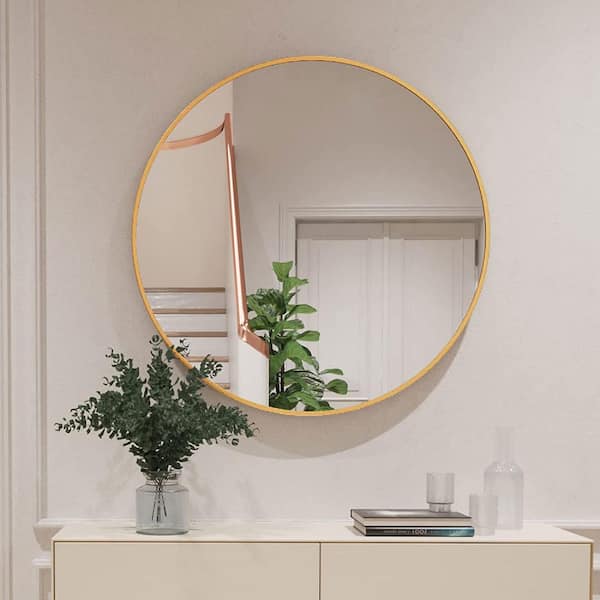 FAMYYT Flipped 32 in. W x 32 in. H Large Round Aluminium Framed Wall Bathroom Vanity Mirror in Gold