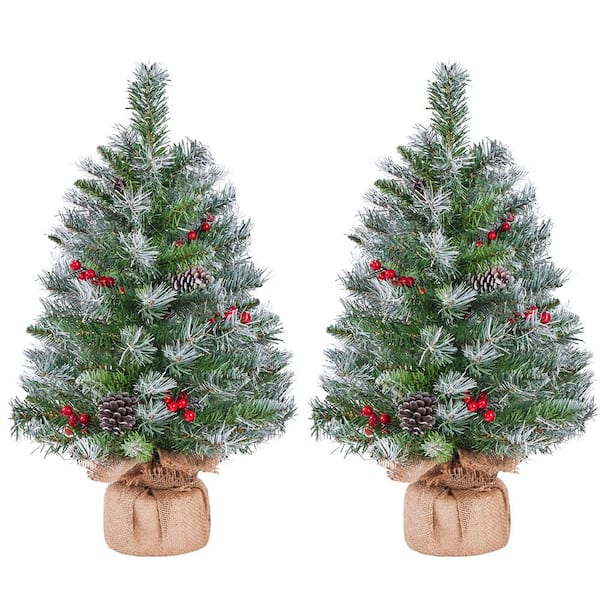 Battery-Operated Mini Frosted Artificial Christmas Tree with Pinecones and Warm White LED Lights