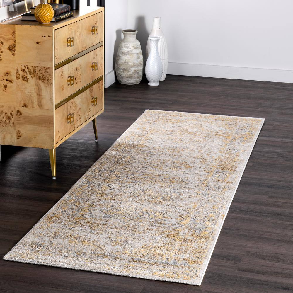 Gold and Beige Synthetic Medallion Runner Rug, 2' 6" x 8'