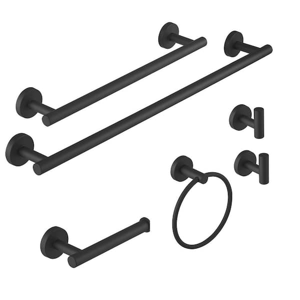 HOMEMYSTIQUE Bathroom Hardware Set 6-Piece Bath Hardware Set with Towel Bar, Towel Ring, Robe Hook, Toilet Paper Holder in Black