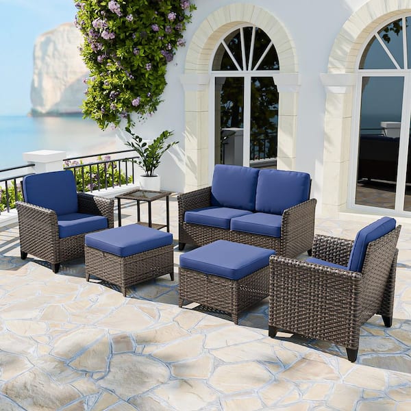 Brown Rattan Wicker 6-Piece Outdoor Patio Conversation Set with Blue Cushions, Patio Chairs with Ottomans