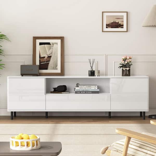 Cloud White 63 in. High Gloss TV Stand, Modern Media Console w/4 Storage Shelves(Max TV Size 75 in.)