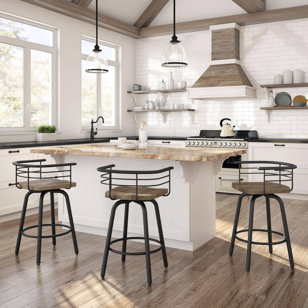 Beige Birch Wood & Black Metal Swivel Bar Stool, 36.25" Height