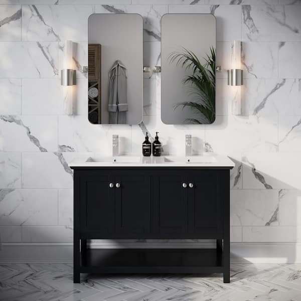 Manchester 48 in. Double Sink Shaker-Style Black Bath Vanity with White Quartz Top and Integrated Sink