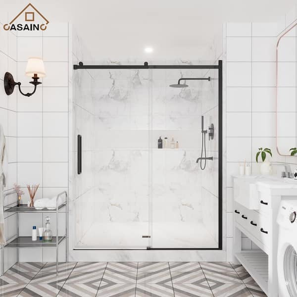 CASAINC 60 in. W x 76 in. H Sliding Frameless Shower Door in Matte Black with SGCC Certification