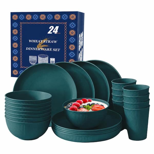 24-Piece Rustic Bright Multi-Colored Wheat Straw Dinnerware Set Service for 8 Set for Home Kitchen