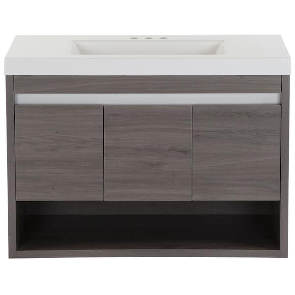 Domani Wilby 37 in. W x 19 in. D x 26 in. H Single Sink Floating Bath Vanity in Dark Oak with White Cultured Marble Top