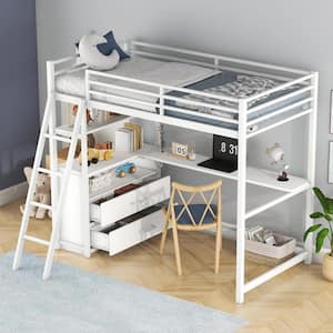 White Metal Twin Size Loft Bed with Wood Desk and Shelves, 2 Built-in Drawers