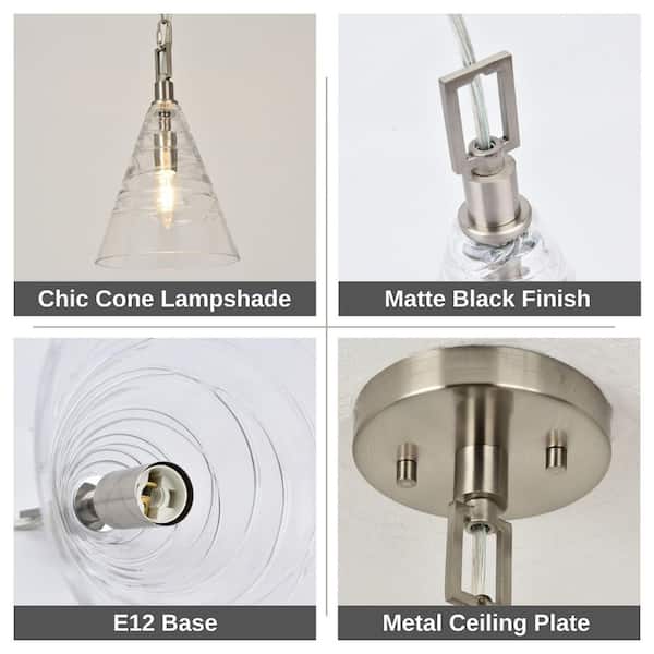 Jasslynn 60 Watt 1 Light Brushed Nickel Pendant Light with Cone Clear Glass Shade for Kitchen Island Foyer Living Room