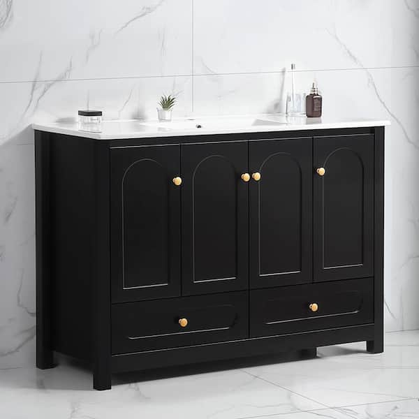 48 in. Freestanding Single Sink Black Bath Vanity with White Ceramic Top