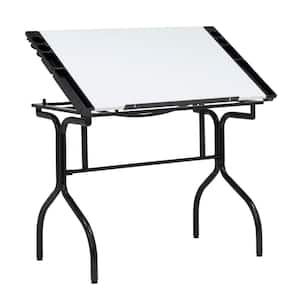 35.25 in. W PB Craft Table with Folding Legs and Art Supplies Trays, no Tools Required for Assembly, Black/White