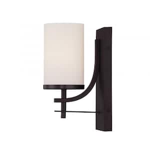 Colton 4.75 in. W x 10.12 in. H 1-Light English Bronze Wall Sconce with White Glass Cylindrical Shade