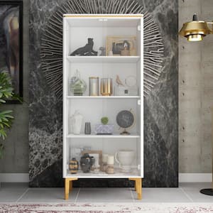 White Wood Glass Doors Storage Cabinet with Pop up Doors, Adjustable Shelves