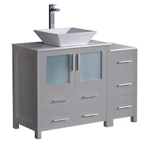 Torino 42 in. Bath Vanity in Gray with Glass Stone Vanity Top in White with White Vessel Sink and Side Cabinet