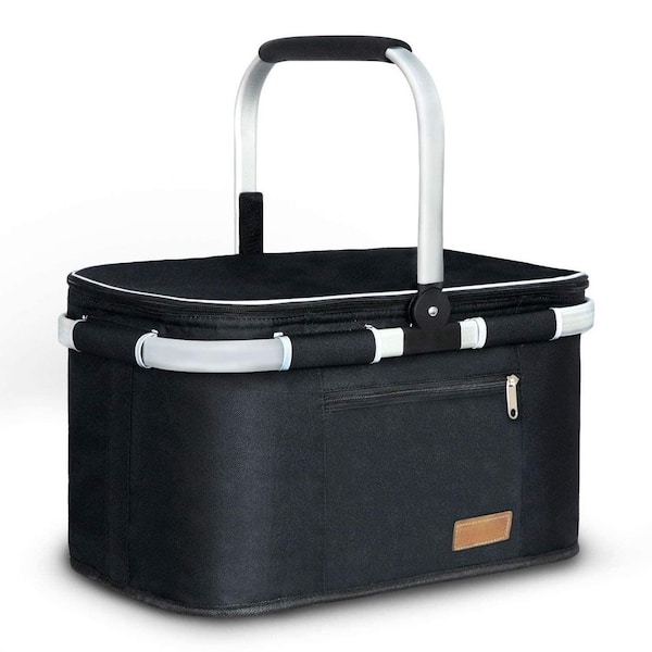 35L Black Insulated Leakproof Foldable Picnic Basket, 2-Tier Pockets and Aluminum Oxford Cloth for Outdoor Camping